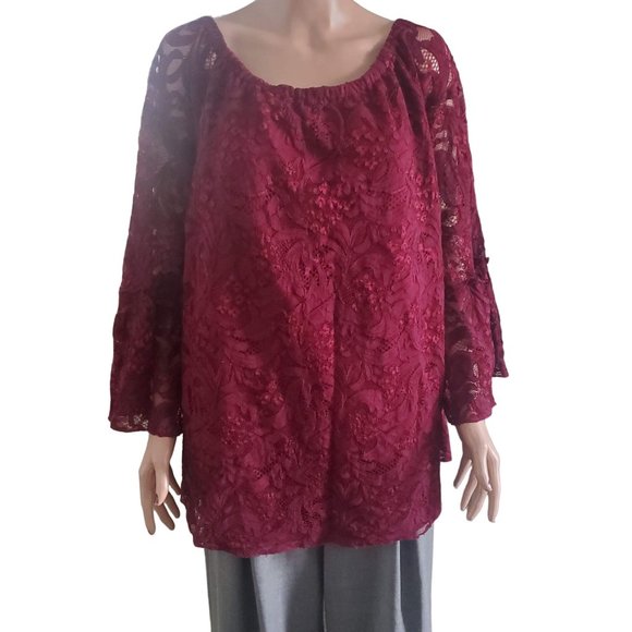 Catherines Sz 4X Burgandy Lined Lace Top Womens Plus Size 4X Bell Sleeve Holiday - Picture 1 of 11